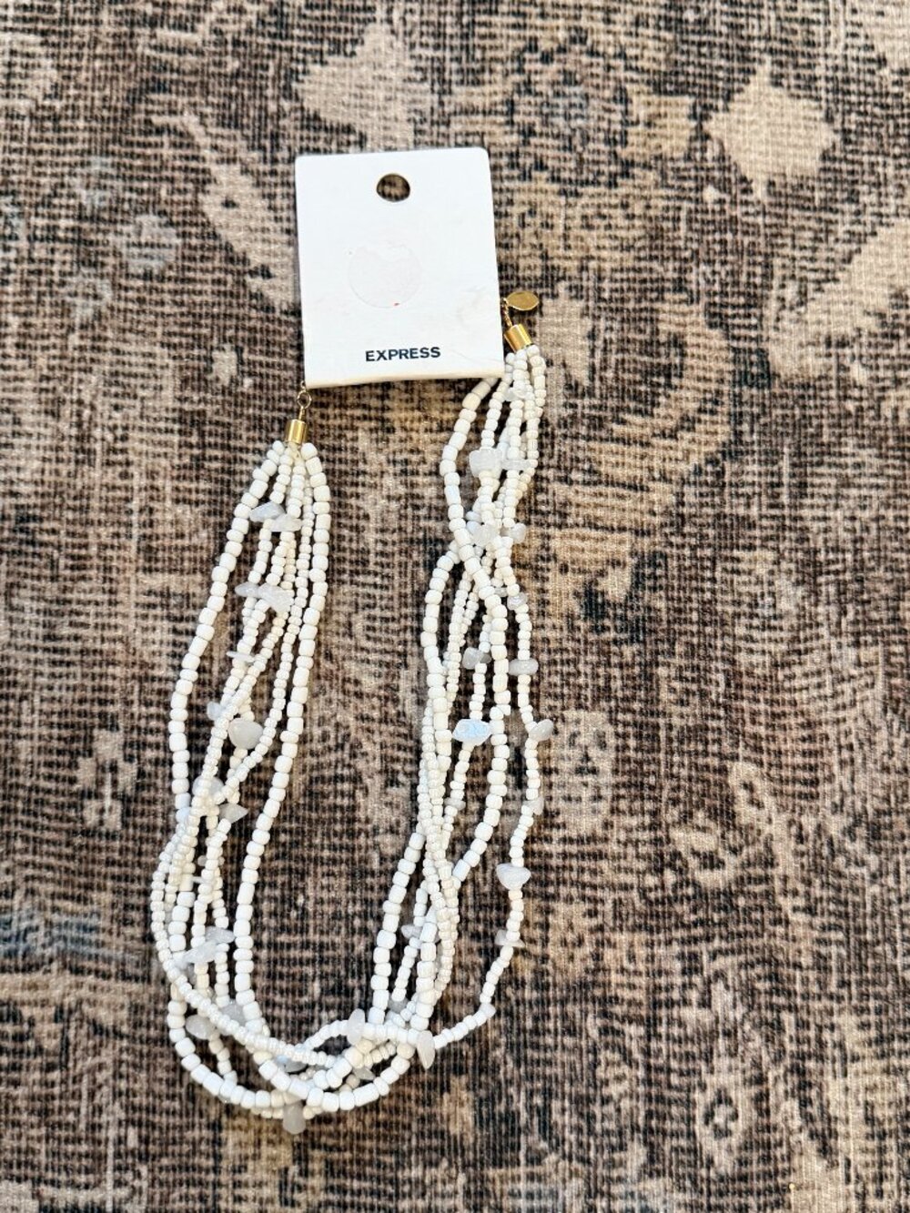 Express White Multi-Strand Seed Bead Necklace with Gold Accents